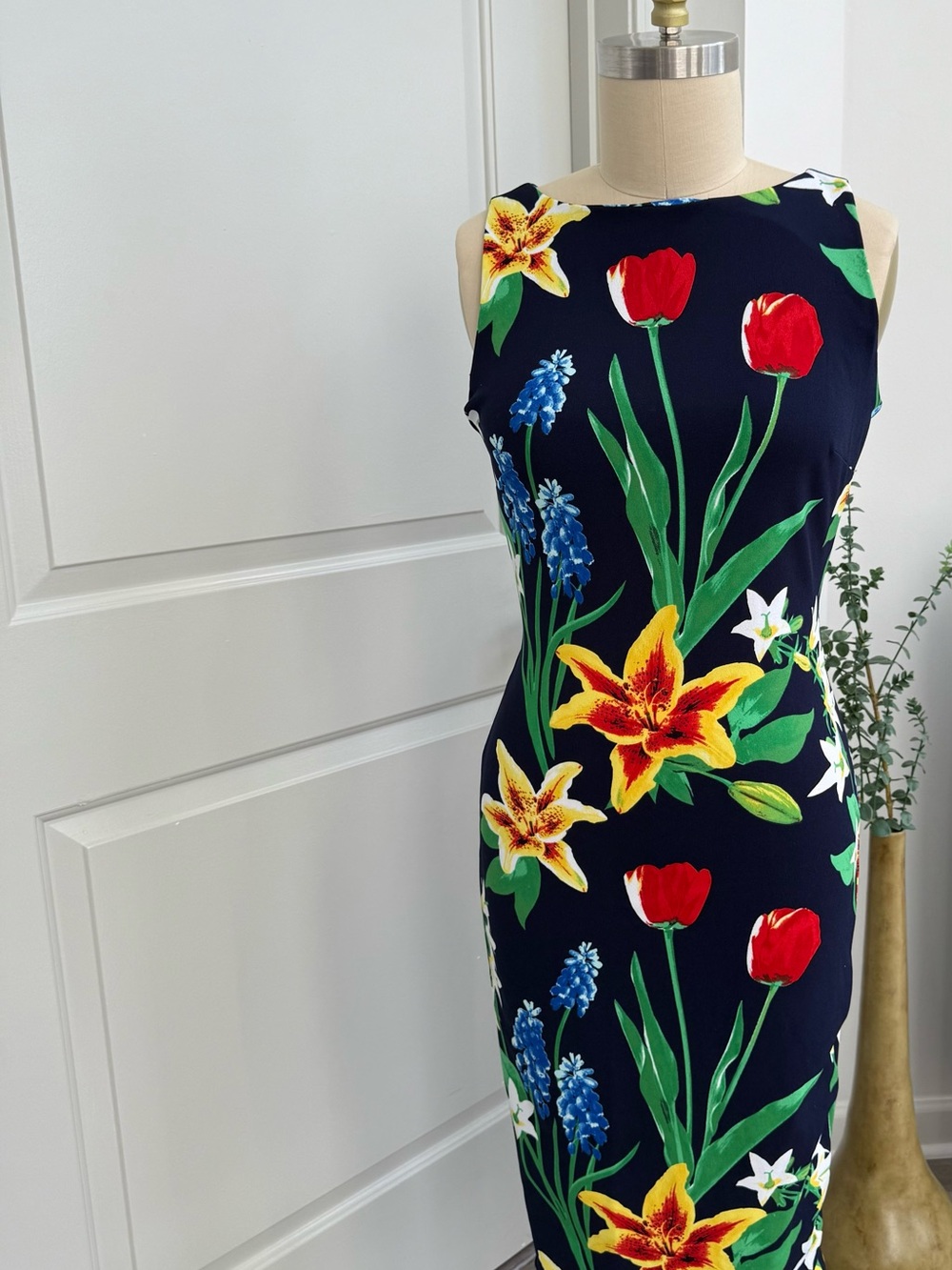 New York & Company Navy Floral Sheath Dress with Red & Yellow Blooms